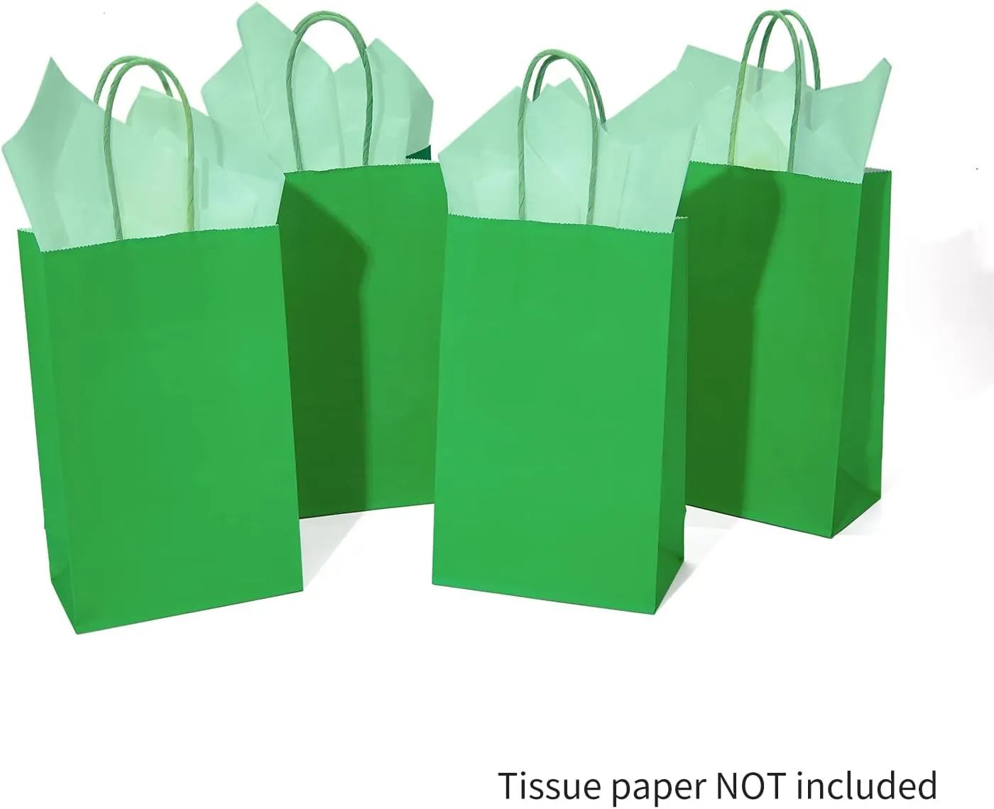 DjinnGlory 100 Pack Small-Sized 9''x5.5''x3.15'' Green Paper Gift Bags with Handles Bulk for Boutiques, Party Favors Goodies, Christmas, St. Patrick's Holiday (Solid Green)