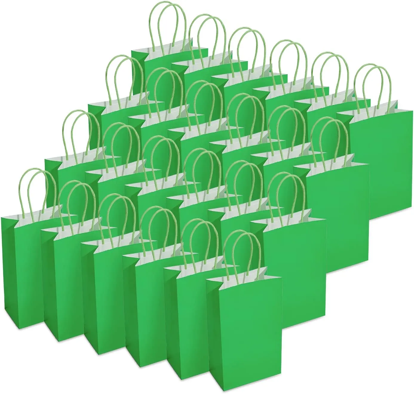 DjinnGlory 100 Pack Small-Sized 9''x5.5''x3.15'' Green Paper Gift Bags with Handles Bulk for Boutiques, Party Favors Goodies, Christmas, St. Patrick's Holiday (Solid Green)