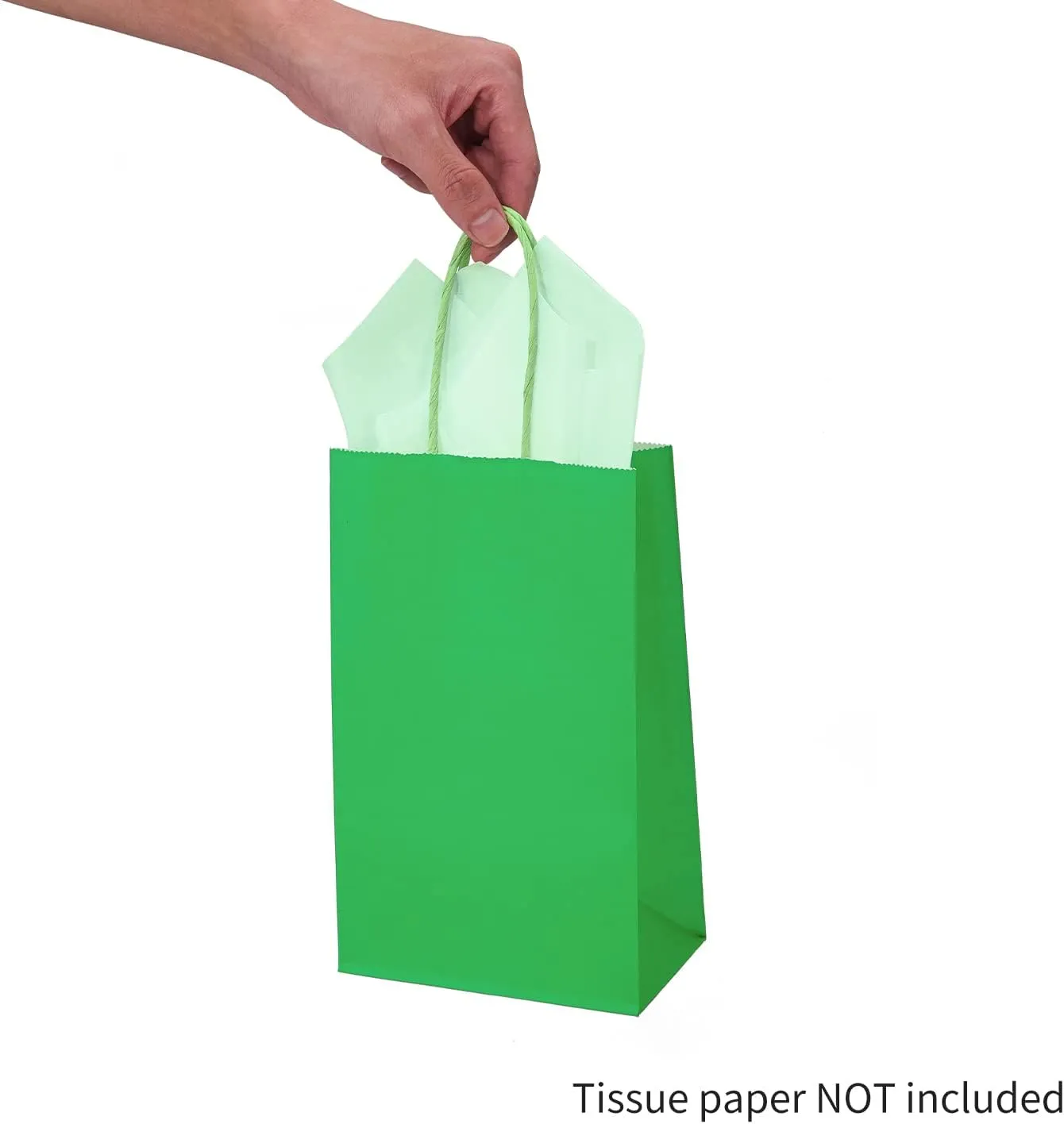 DjinnGlory 100 Pack Small-Sized 9''x5.5''x3.15'' Green Paper Gift Bags with Handles Bulk for Boutiques, Party Favors Goodies, Christmas, St. Patrick's Holiday (Solid Green)