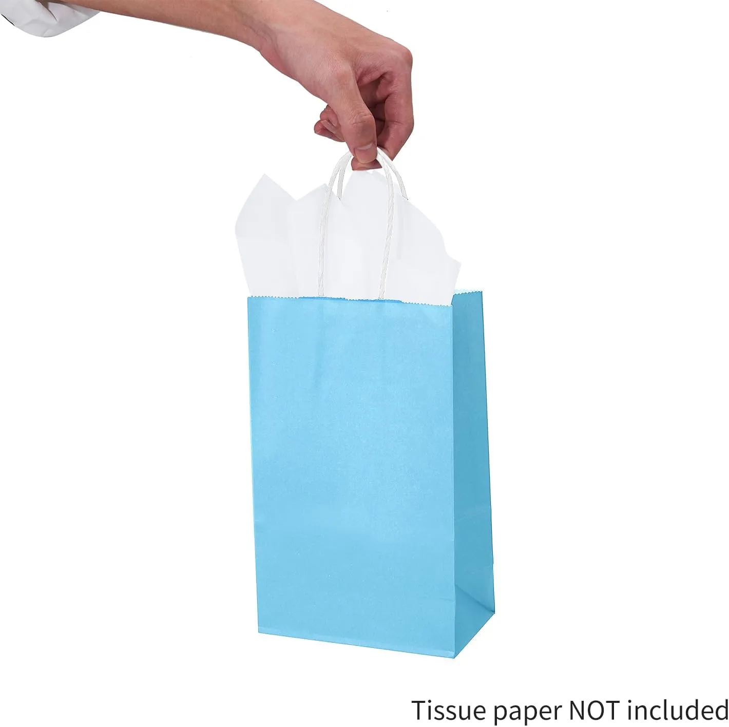DjinnGlory 100 Pack Small Sized Blue Paper Bags with Handles Bulk for Merchandises, Christmas Gifts, Baby Blue Party Goodie Bags for Birthdays, Baby Showers, Weddings, 9x5.5x3.15 Inch