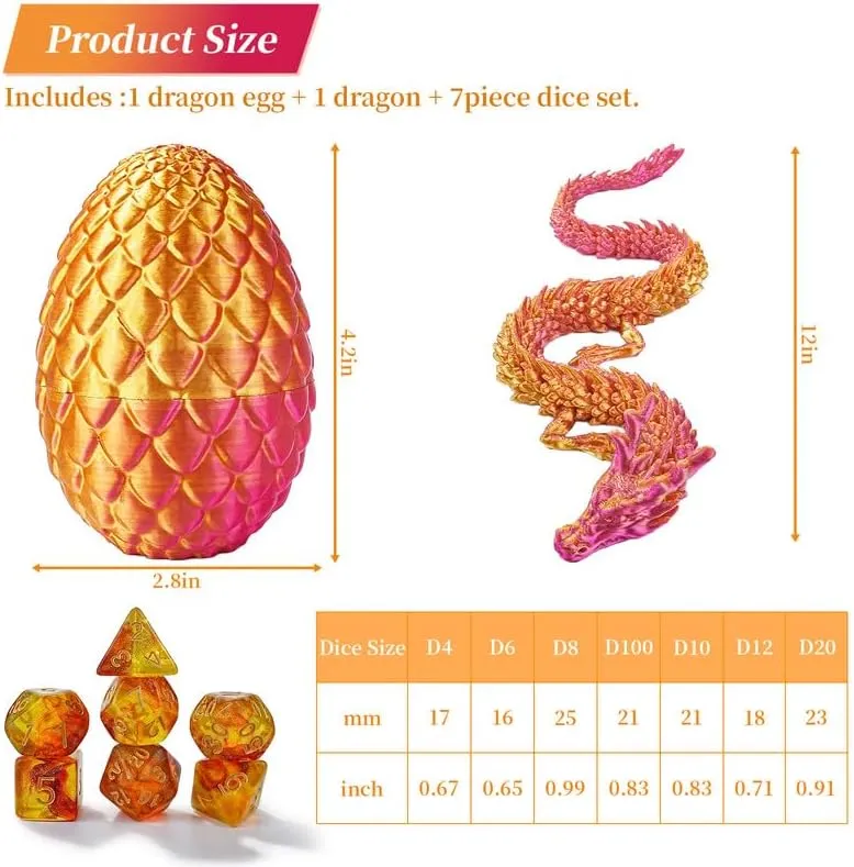 DND Dice Set 7 Pcs and 3D Printed Dragon Egg,DND Dice Dungeons and Dragons Starter Games Fidget Toys Set for RPG MTG Table Games,Laser Red