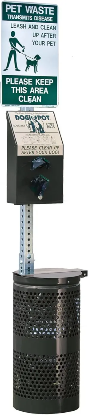 DOGIPOT 1003-L Pet Station Includes Sign, Dispenser, Steel Receptacle, Litter Bag Rolls and Liner Trash Bags, Forest Green