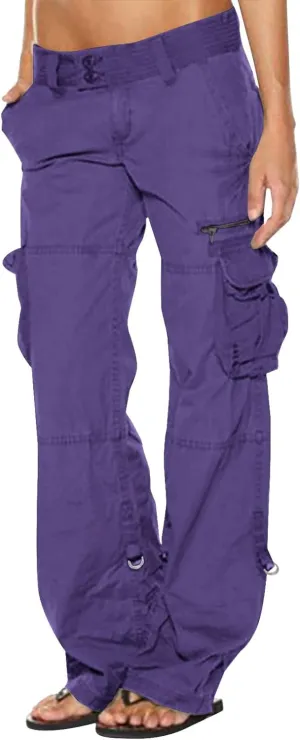 DOLKFU Women Wide Straight Leg Casual Cargo Pants High Waist Relaxed Fit Trousers Trendy Pants Multi-Pockets