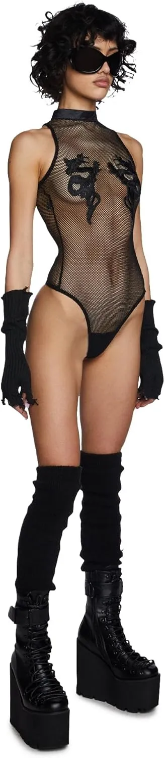 Dolls Kill Bad Luck Dragon Fishnet Bodysuit by Club Exx – High Neck Bodysuit with Embroidered Dragon Accents