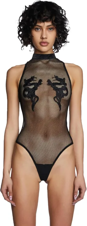 Dolls Kill Bad Luck Dragon Fishnet Bodysuit by Club Exx – High Neck Bodysuit with Embroidered Dragon Accents