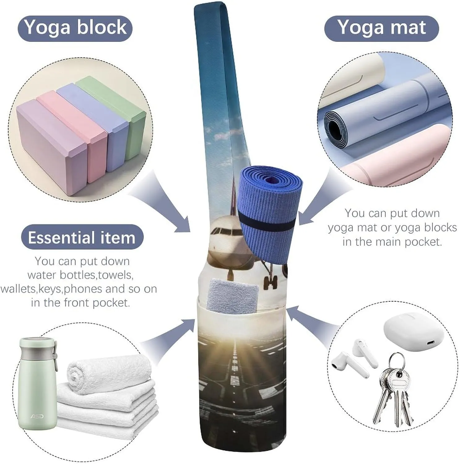 Donnapink Yoga Mat Bag, Canvas Storage Bag with Pocket Shoulder Strap, Fashion Mat Bag