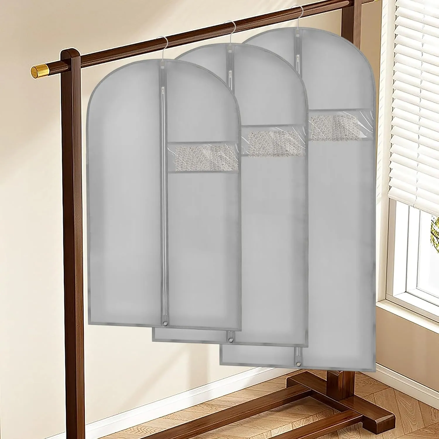Dress Bags for Gowns Long, 65'' Garment Bags for Hanging Clothes and Travel, Suit Bag for Storage, Clear Foldable Garment Bag, Set of 3 (Grey)