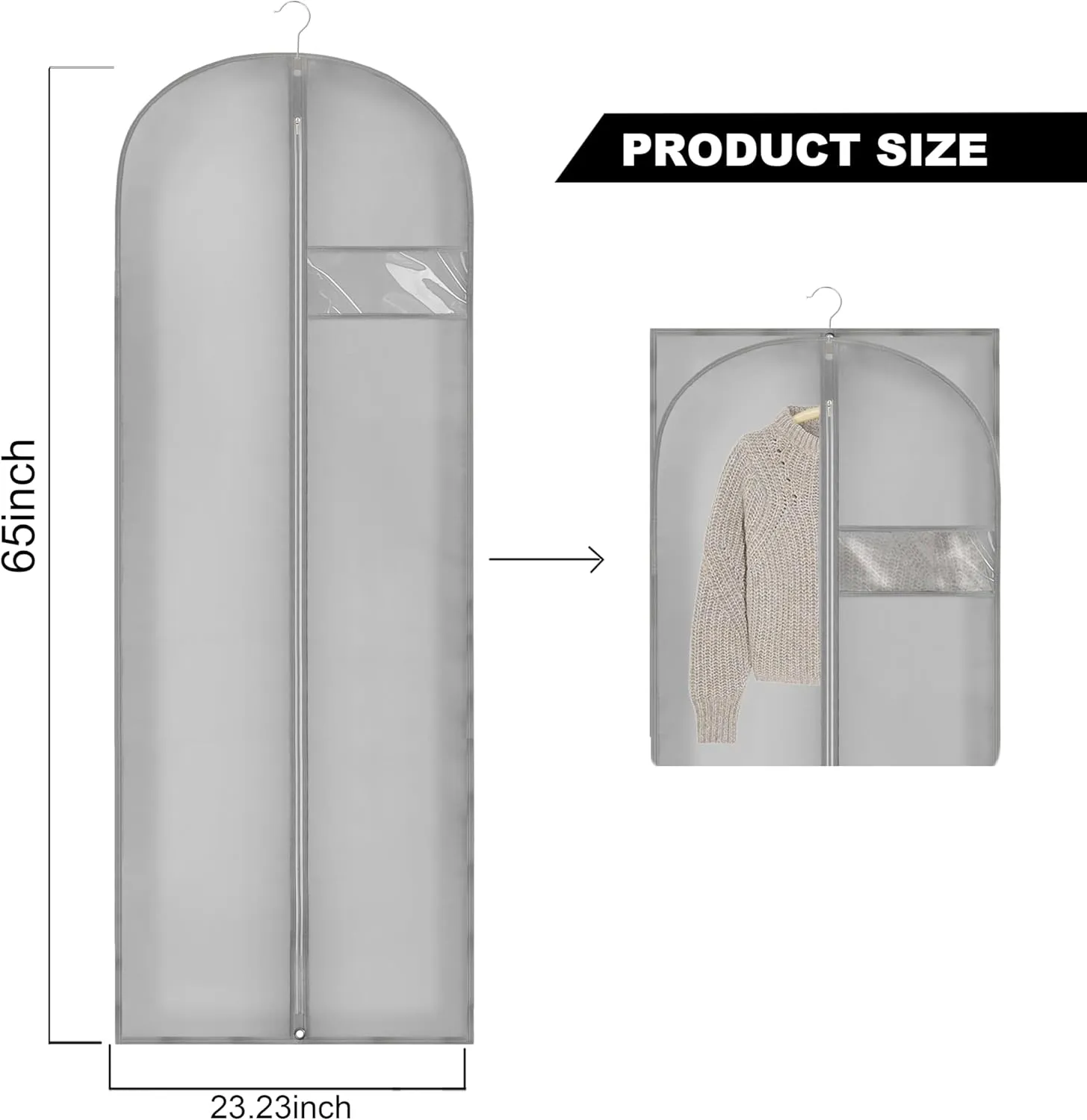 Dress Bags for Gowns Long, 65'' Garment Bags for Hanging Clothes and Travel, Suit Bag for Storage, Clear Foldable Garment Bag, Set of 3 (Grey)