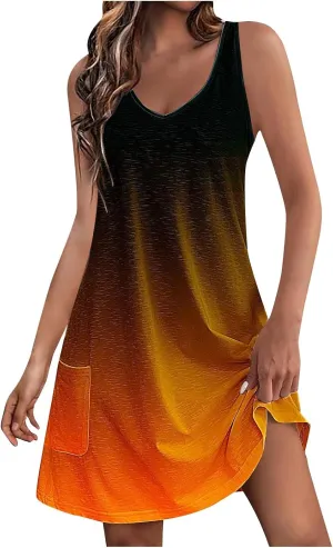 Dresses for Women 2024 Casual Gradient Graphic Print Sun Dress Sleeveless A Line Beach Dress with Pockets