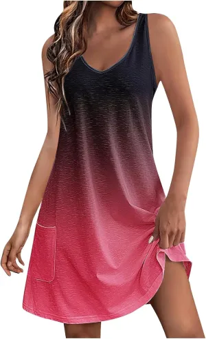 Dresses for Women 2024 Casual Gradient Graphic Print Sun Dress Sleeveless A Line Beach Dress with Pockets