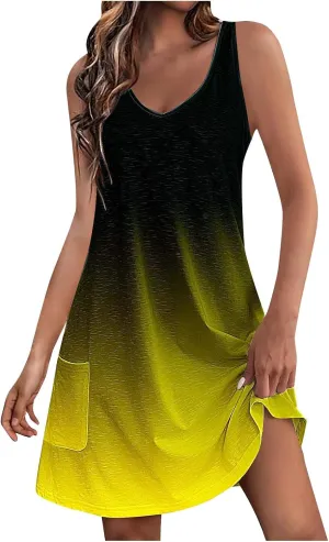 Dresses for Women 2024 Casual Gradient Graphic Print Sun Dress Sleeveless A Line Beach Dress with Pockets