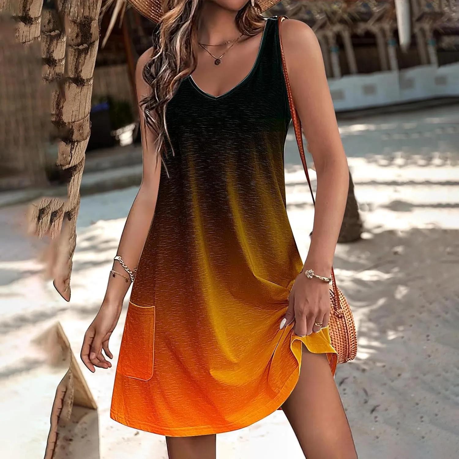 Dresses for Women 2024 Casual Gradient Graphic Print Sun Dress Sleeveless A Line Beach Dress with Pockets