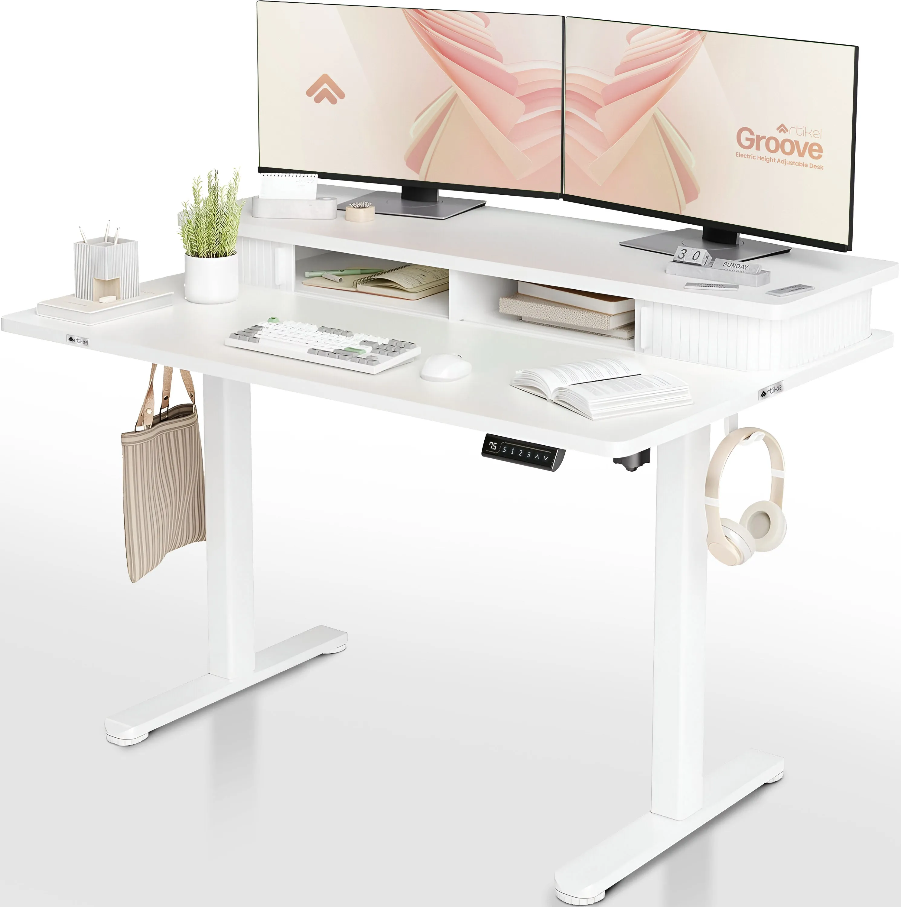 Drogo Artikel Groove Electric Height Adjustable Standing Desk with Roller Shutter Door Storage 120x63cm (White)