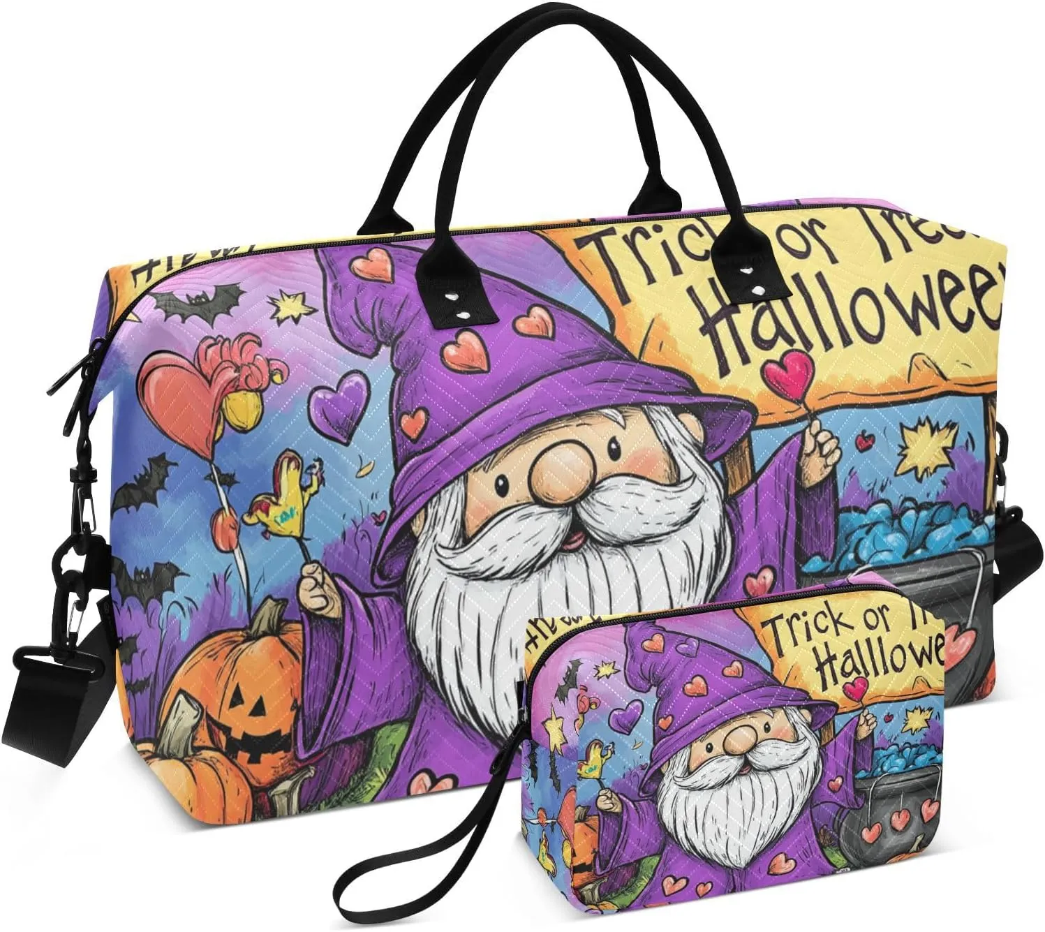 Duffel Bag Large Carry On Bag Sports Tote Gym Bag with Toiletry Bag for Hiking 2 Pcs Set Halloween Purple Pumpkin Dwarf