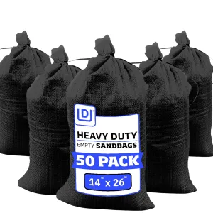 DURASACK Heavy Duty Sand Bags with Tie Strings Empty Woven Polypropylene Sand-Bags for Flood Control with 1600 Hours of UV Protection, 50 lbs Capacity, 14x26 inches, Black, Pack of 50