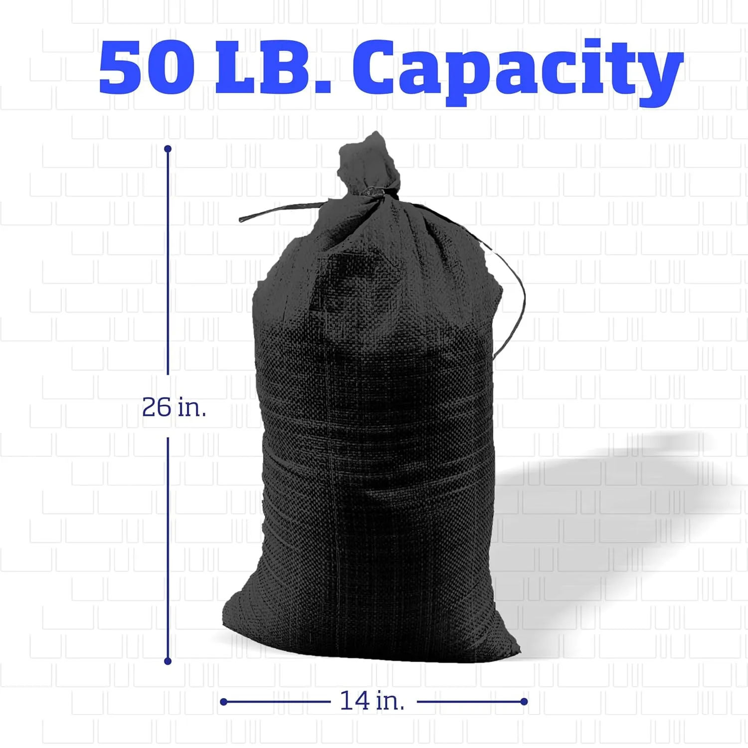 DURASACK Heavy Duty Sand Bags with Tie Strings Empty Woven Polypropylene Sand-Bags for Flood Control with 1600 Hours of UV Protection, 50 lbs Capacity, 14x26 inches, Black, Pack of 50