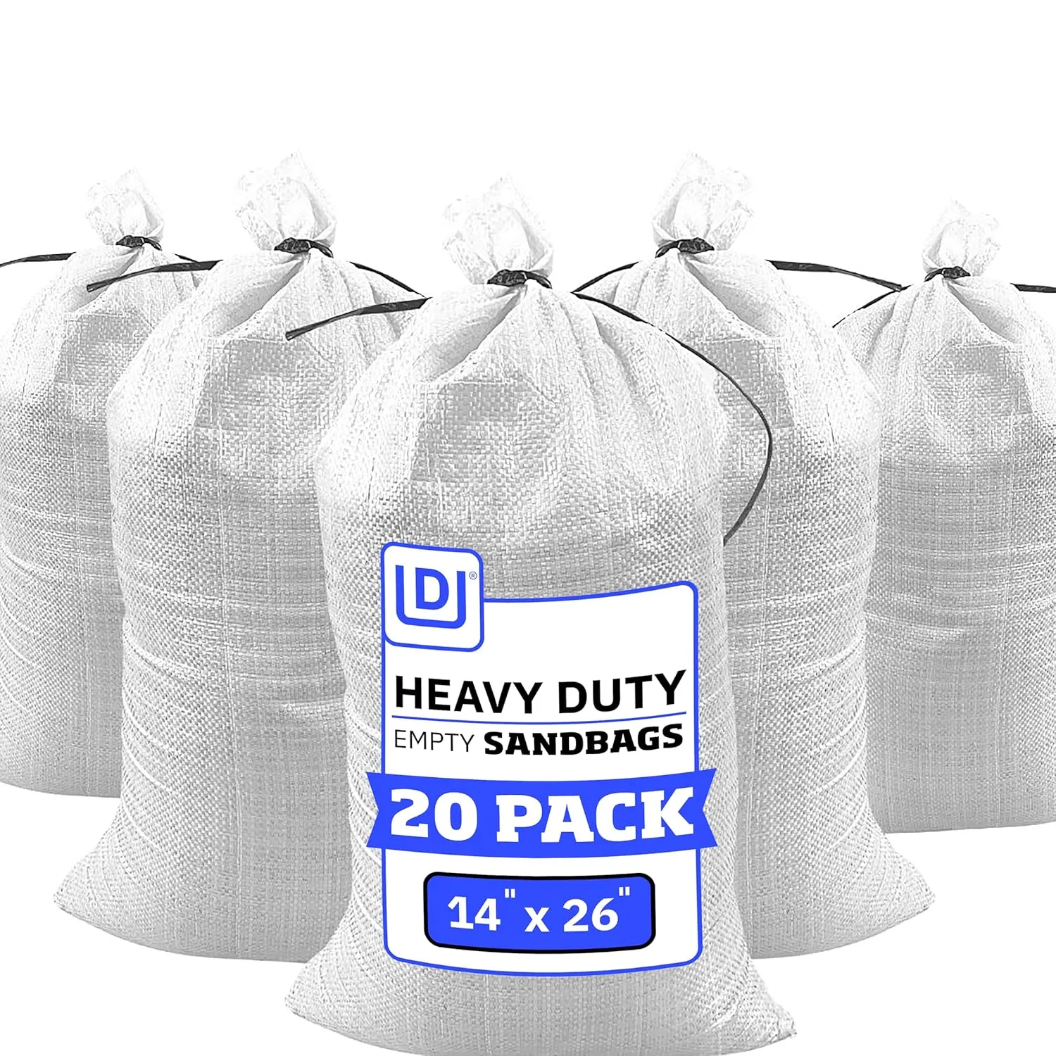 DURASACK Heavy Duty Sand Bags with Tie Strings Empty Woven Polypropylene Sand-Bags for Flood Control with 1600 Hours of UV Protection, 50 lbs Capacity, 14x26 inches, White, Pack of 20