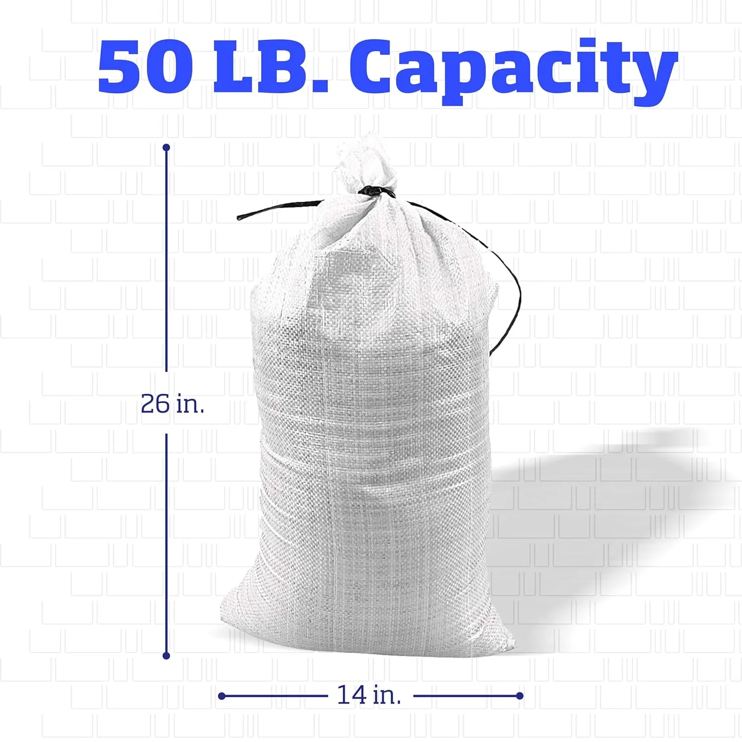DURASACK Heavy Duty Sand Bags with Tie Strings Empty Woven Polypropylene Sand-Bags for Flood Control with 1600 Hours of UV Protection, 50 lbs Capacity, 14x26 inches, White, Pack of 20