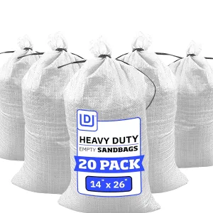DURASACK Heavy Duty Sand Bags with Tie Strings Empty Woven Polypropylene Sand-Bags for Flood Control with 1600 Hours of UV Protection, 50 lbs Capacity, 14x26 inches, White, Pack of 20