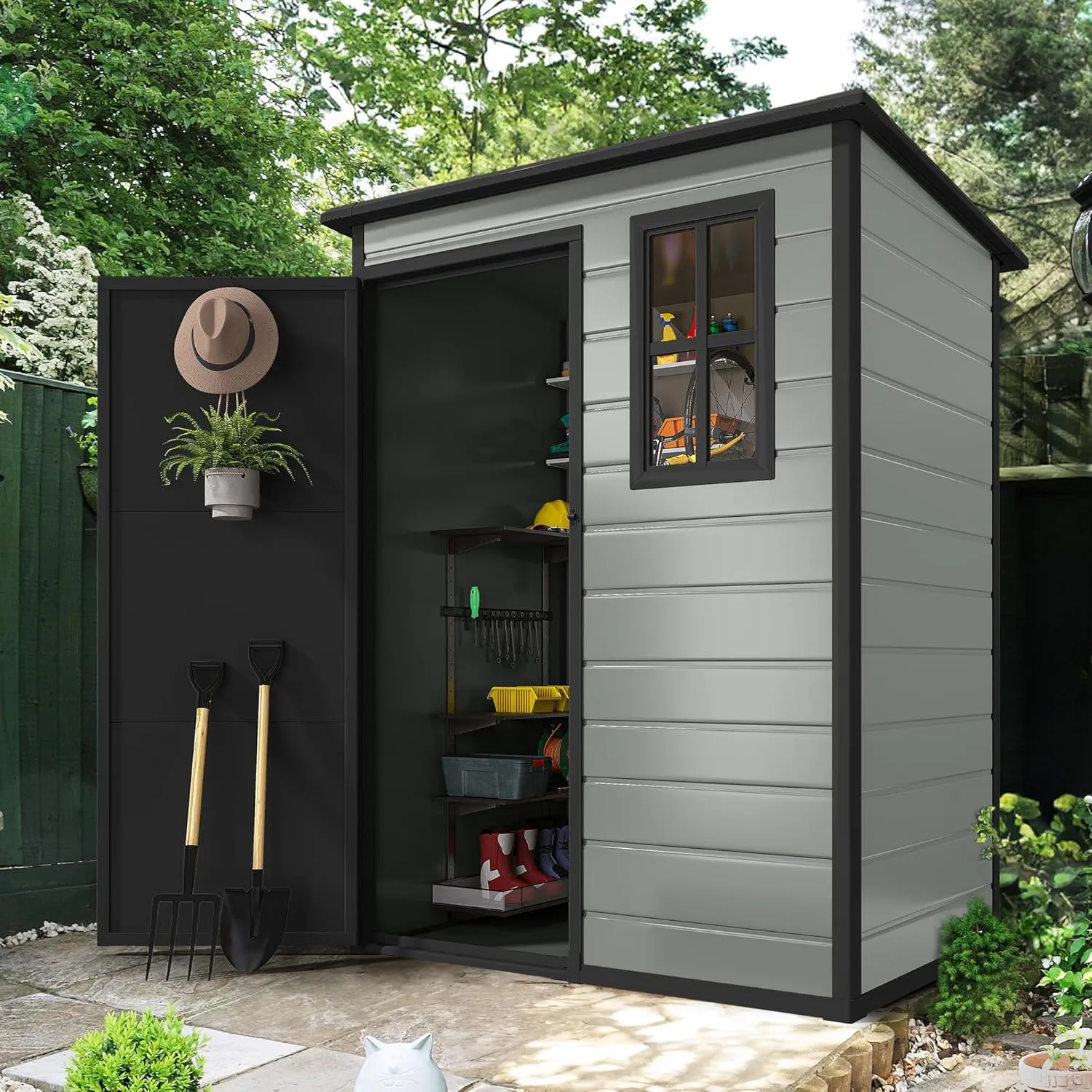DWVO 5x3ft Resin Outdoor Storage Shed with Floor, Waterproof Lockable Storage Shed with Window, Plastic Outside Tool Storage for Garden, Backyard, Patio, Lawn,Blue-Gray Black