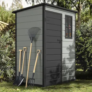 DWVO 5x3ft Resin Outdoor Storage Shed with Floor, Waterproof Lockable Storage Shed with Window, Plastic Outside Tool Storage for Garden, Backyard, Patio, Lawn,Blue-Gray Black