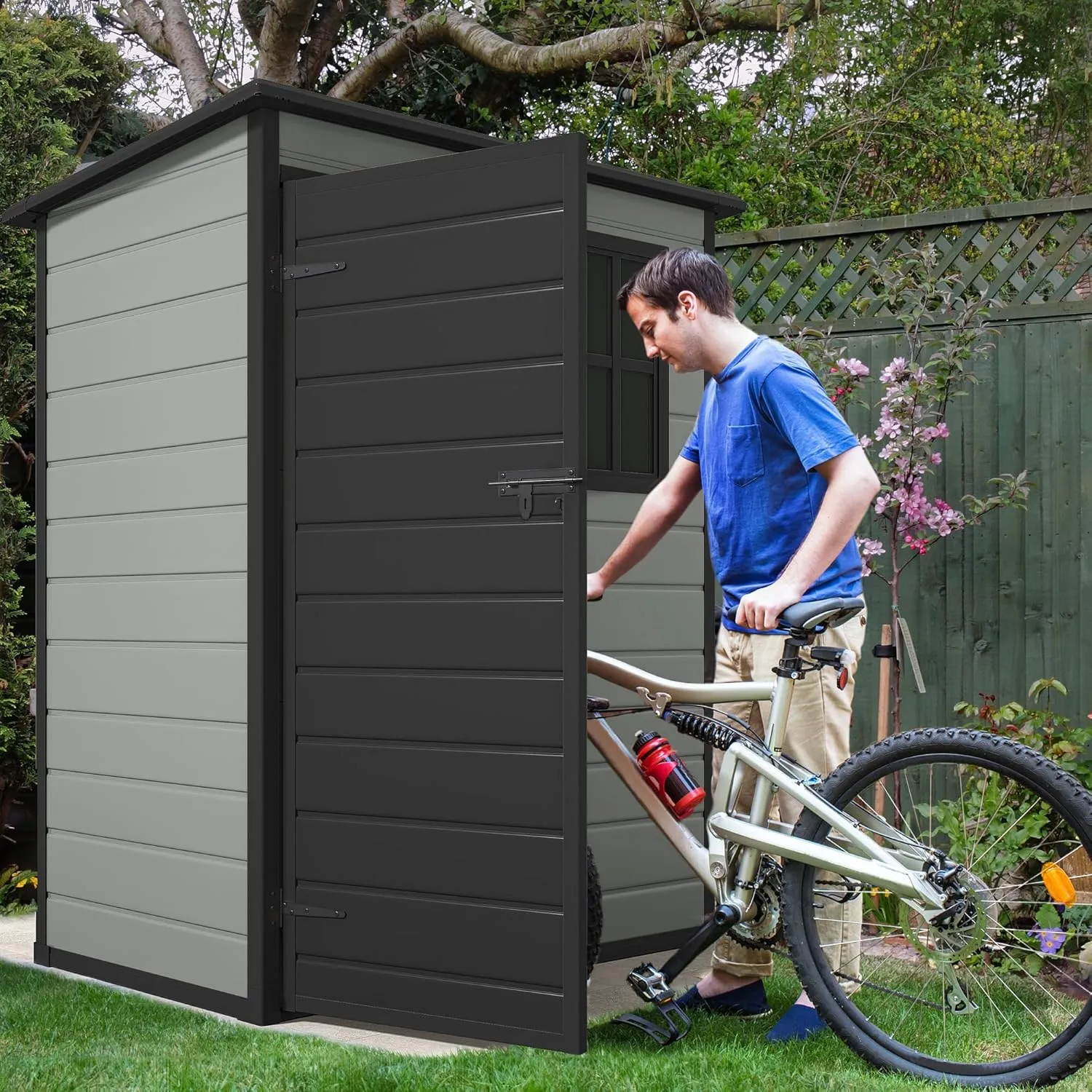 DWVO 5x3ft Resin Outdoor Storage Shed with Floor, Waterproof Lockable Storage Shed with Window, Plastic Outside Tool Storage for Garden, Backyard, Patio, Lawn,Blue-Gray Black