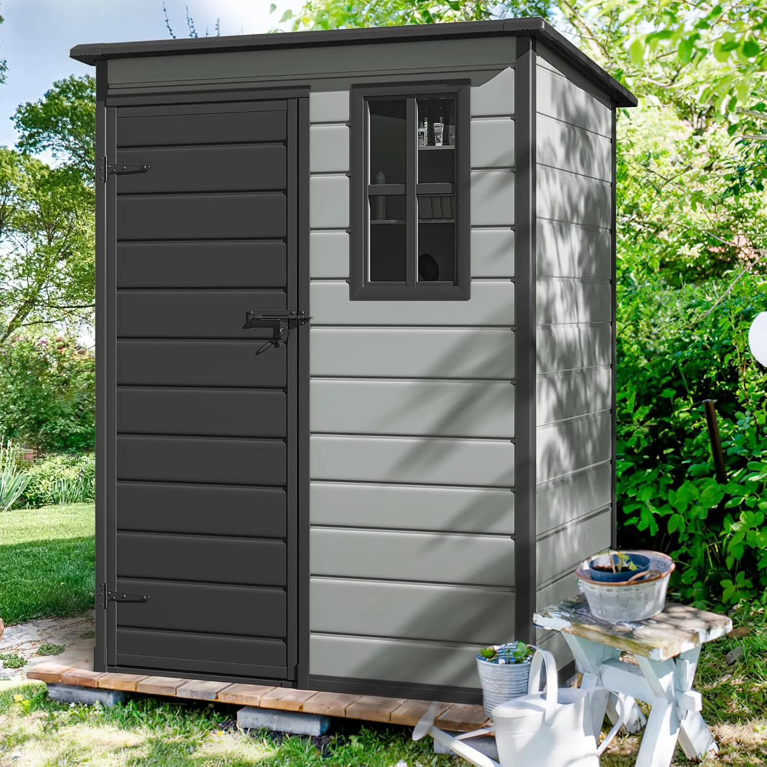DWVO 5x3ft Resin Outdoor Storage Shed with Floor, Waterproof Lockable Storage Shed with Window, Plastic Outside Tool Storage for Garden, Backyard, Patio, Lawn,Blue-Gray Black