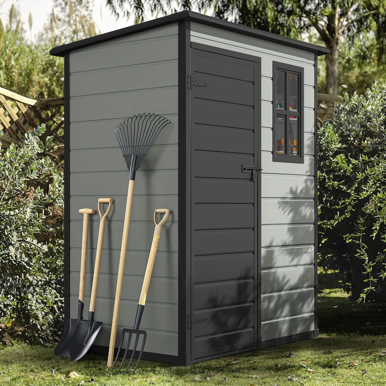 DWVO 5x3ft Resin Outdoor Storage Shed with Floor, Waterproof Lockable Storage Shed with Window, Plastic Outside Tool Storage for Garden, Backyard, Patio, Lawn,Blue-Gray Black