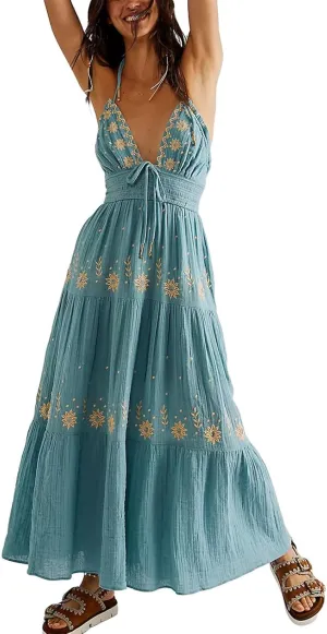 ebossy Women's Summer Boho Embroidered Daisy Maxi Dress Halter Shirred V Neck Backless Flowy Vacation Beach Sundress