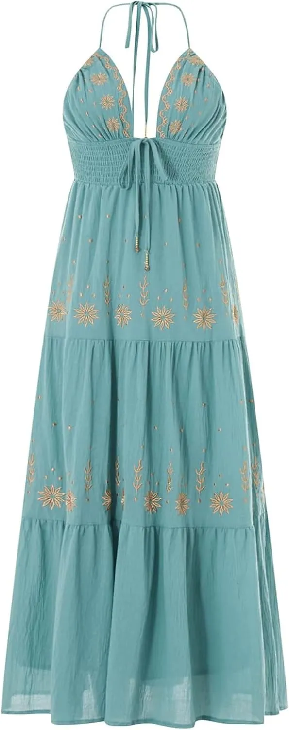 ebossy Women's Summer Boho Embroidered Daisy Maxi Dress Halter Shirred V Neck Backless Flowy Vacation Beach Sundress