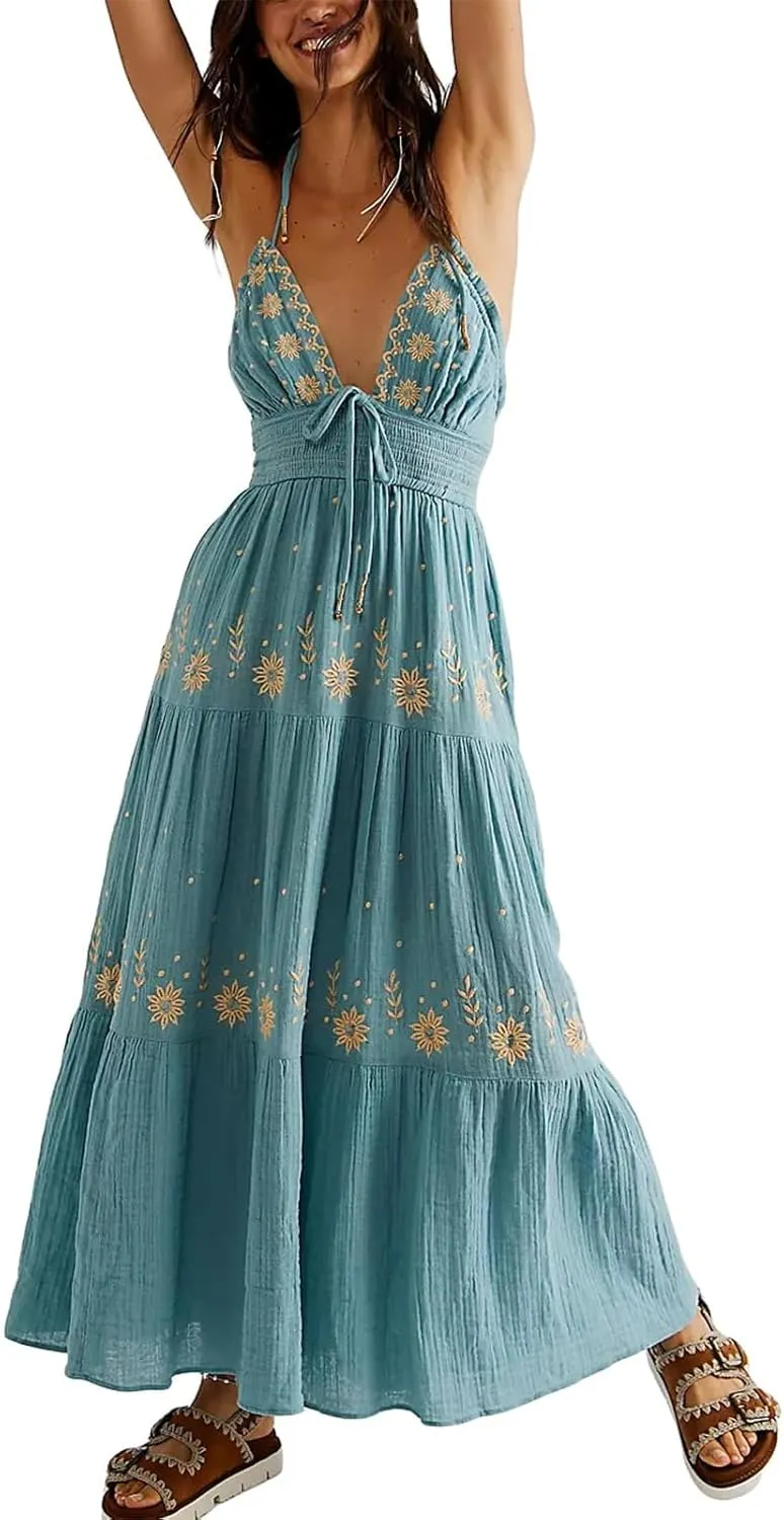 ebossy Women's Summer Boho Embroidered Daisy Maxi Dress Halter Shirred V Neck Backless Flowy Vacation Beach Sundress