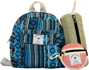 Eco Friendly Set Of Mini Backpack   Pen case Coin Purse Hemp University Light Weight For Girl (Blue), Small