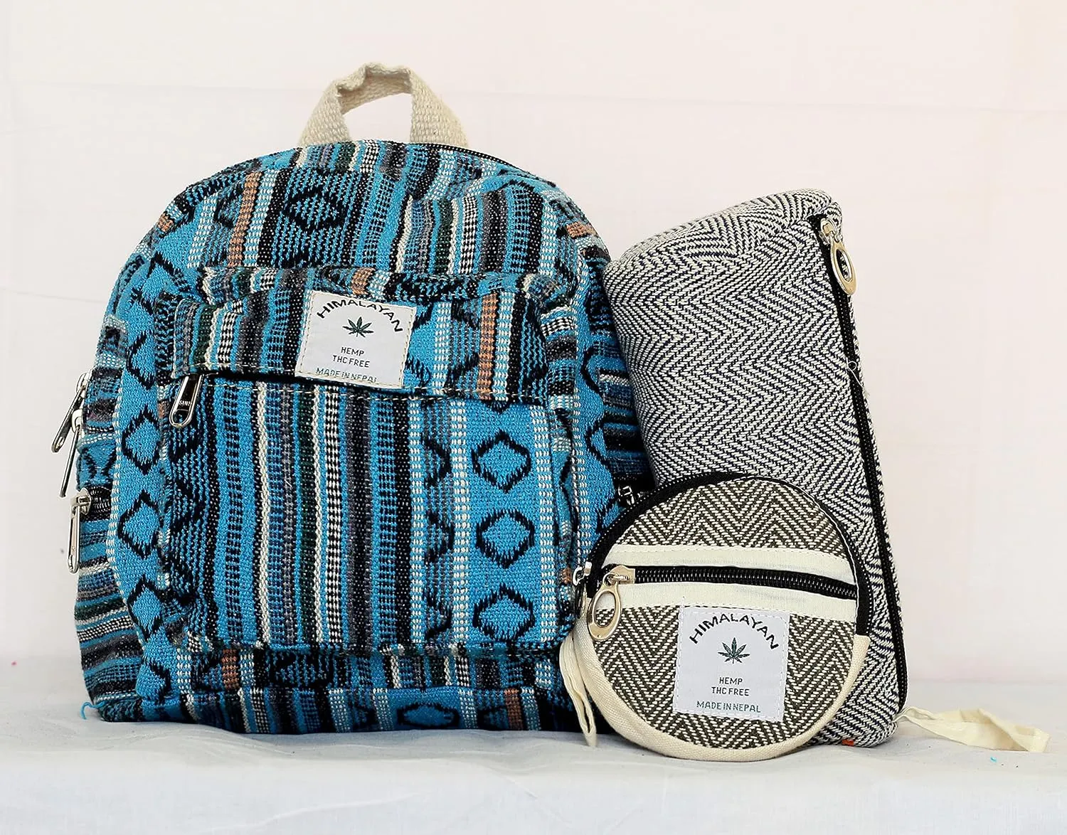 Eco Friendly Set Of Mini Backpack   Pen case Coin Purse Hemp University Light Weight For Girl (Blue), Small