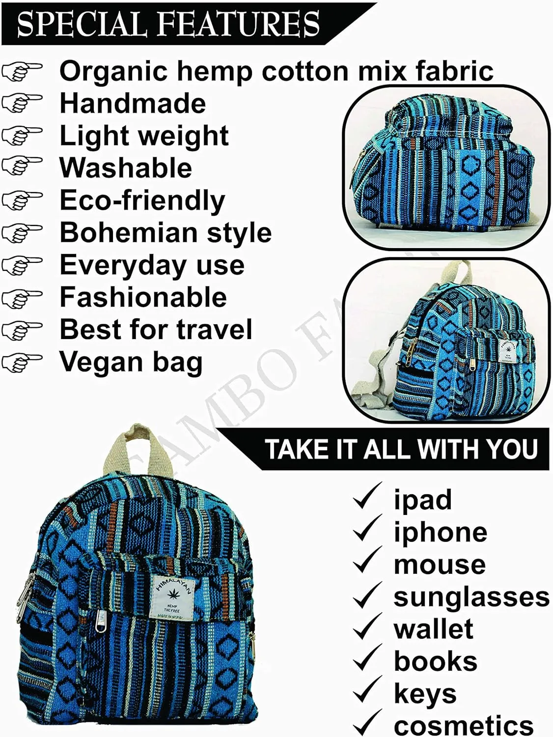 Eco Friendly Set Of Mini Backpack   Pen case Coin Purse Hemp University Light Weight For Girl (Blue), Small