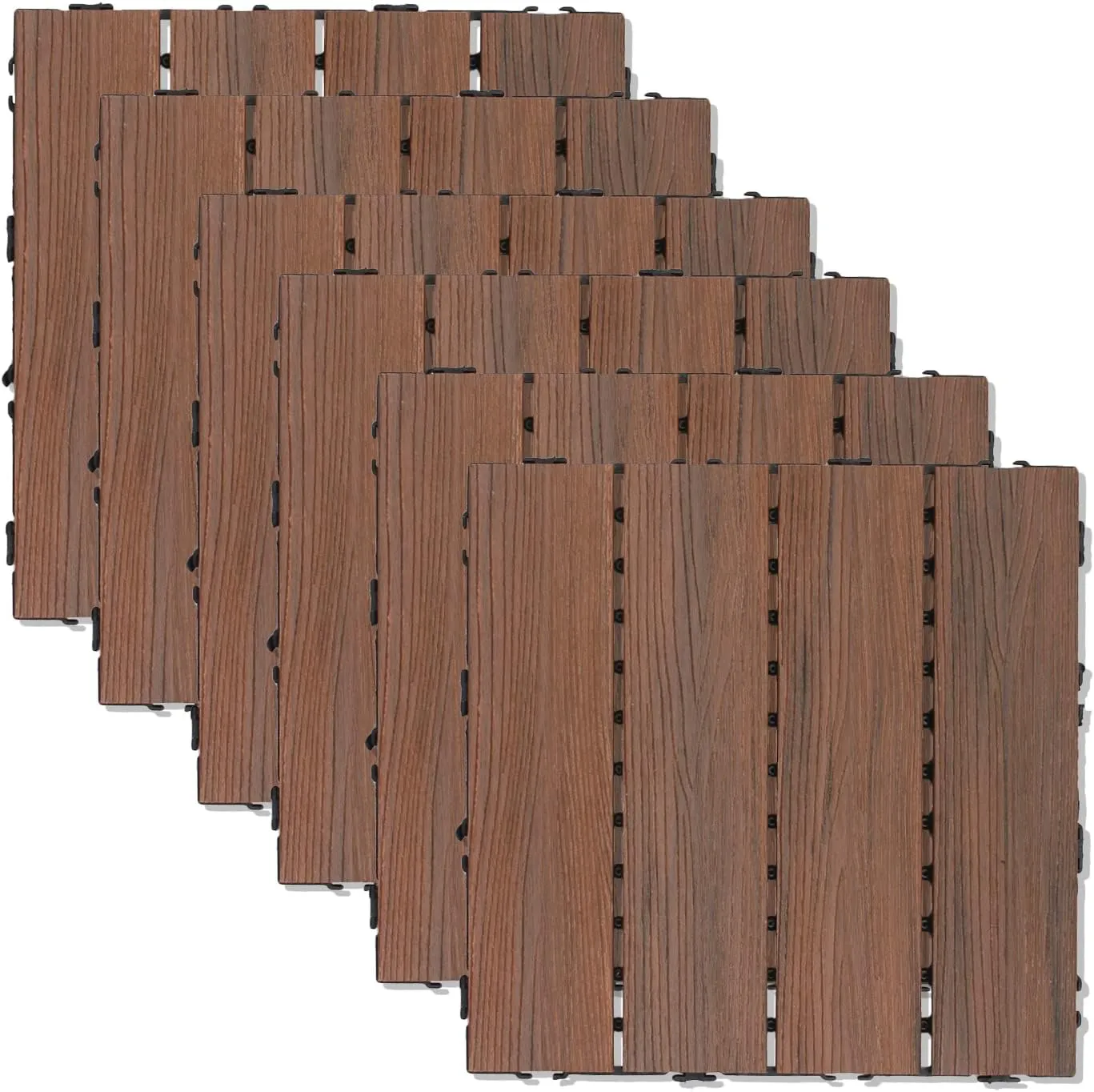 ECOOPTS 20"x20" Interlocking Deck Tiles Patio Floor Tiles Outdoor Flooring Wood Deck Tiles for Porch Balcony Backyard, 6 Slat x 25 Boxes, Brown