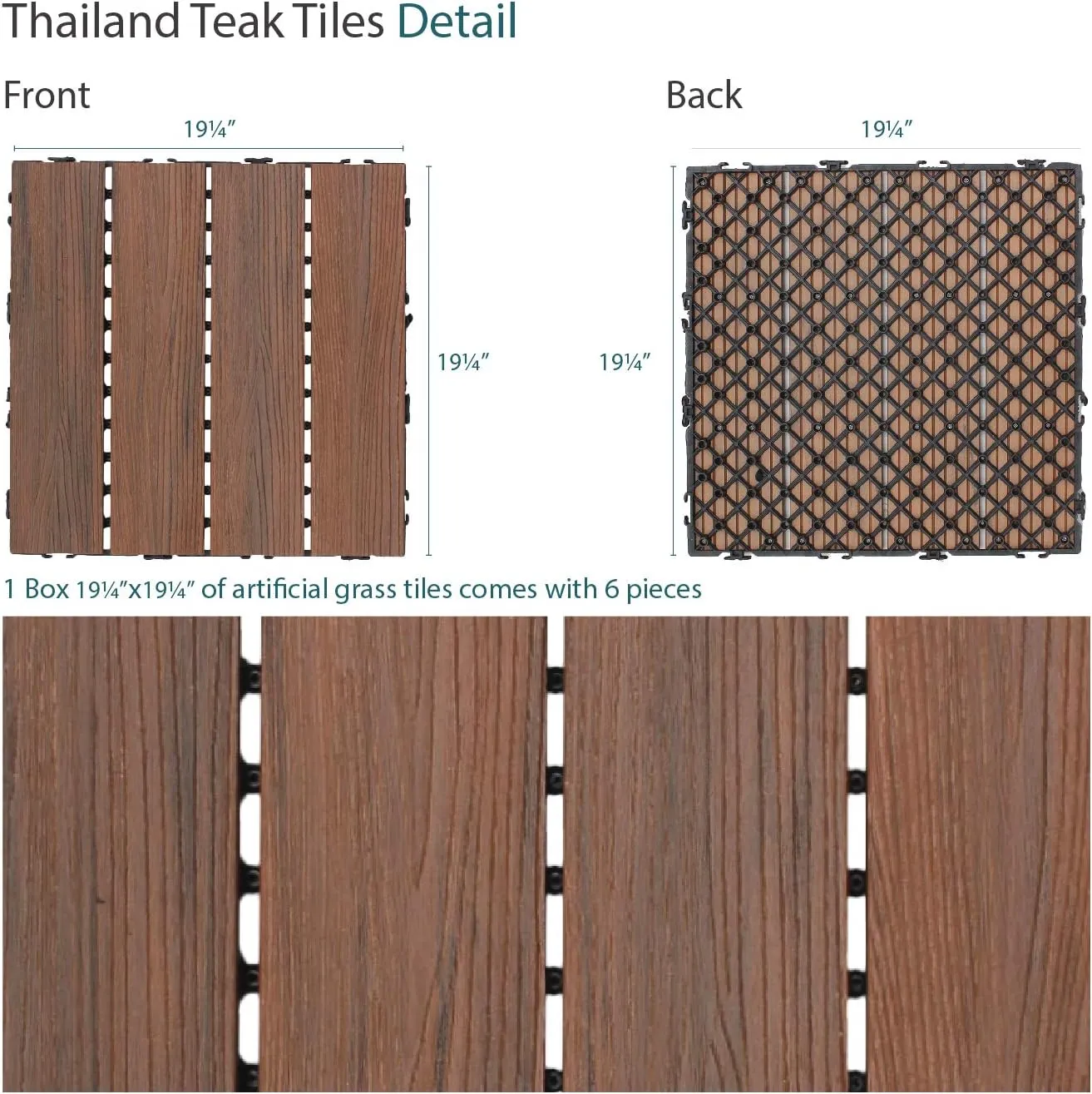 ECOOPTS 20"x20" Interlocking Deck Tiles Patio Floor Tiles Outdoor Flooring Wood Deck Tiles for Porch Balcony Backyard, 6 Slat x 25 Boxes, Brown