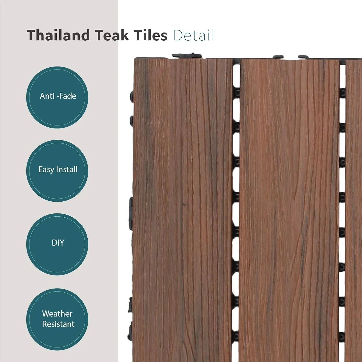 ECOOPTS 20"x20" Interlocking Deck Tiles Patio Floor Tiles Outdoor Flooring Wood Deck Tiles for Porch Balcony Backyard, 6 Slat x 25 Boxes, Brown