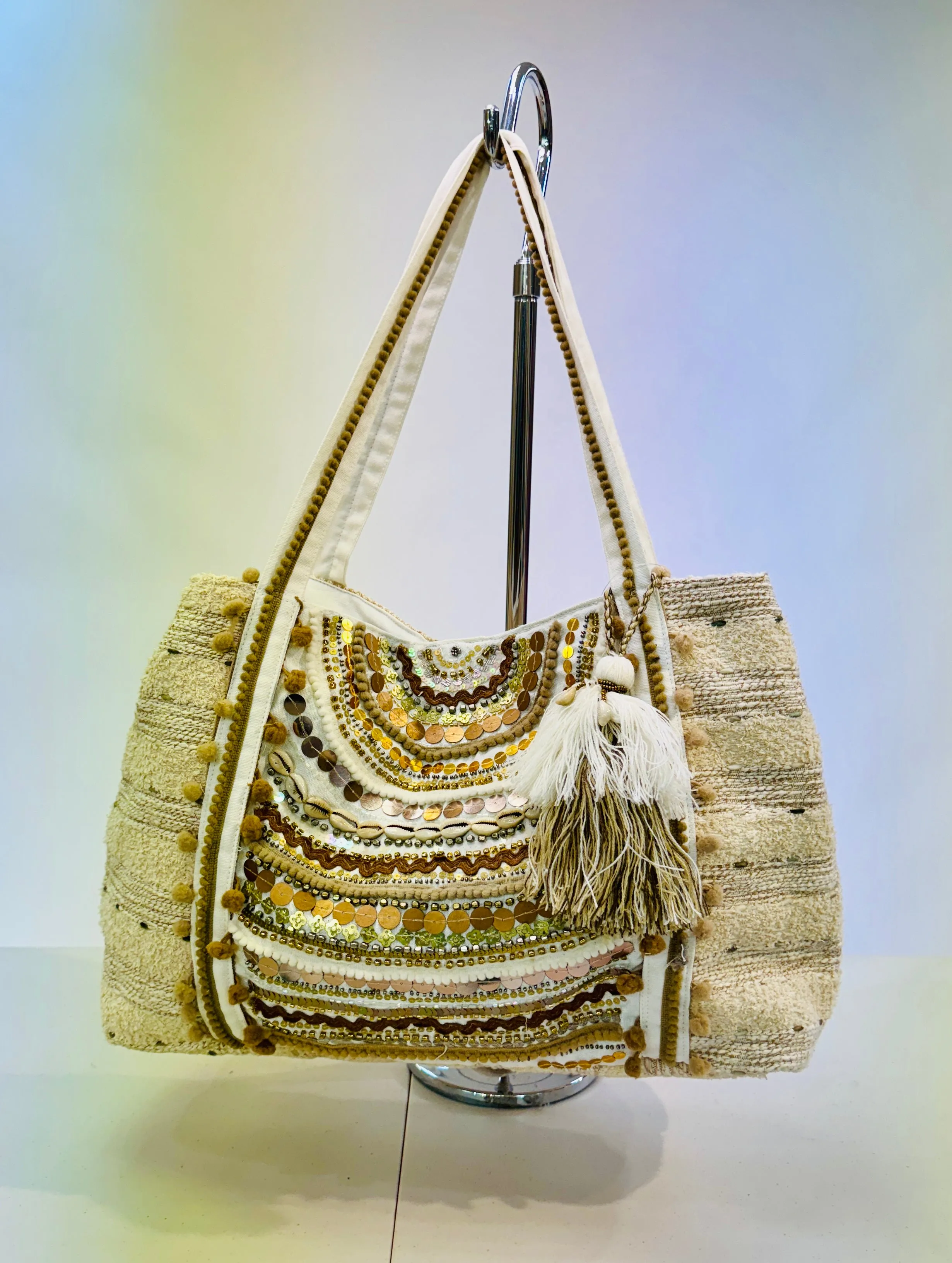 Embellished boho tassel tote