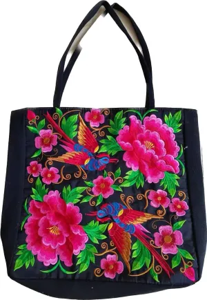 Embroidered Floral Tote Bag with Birds