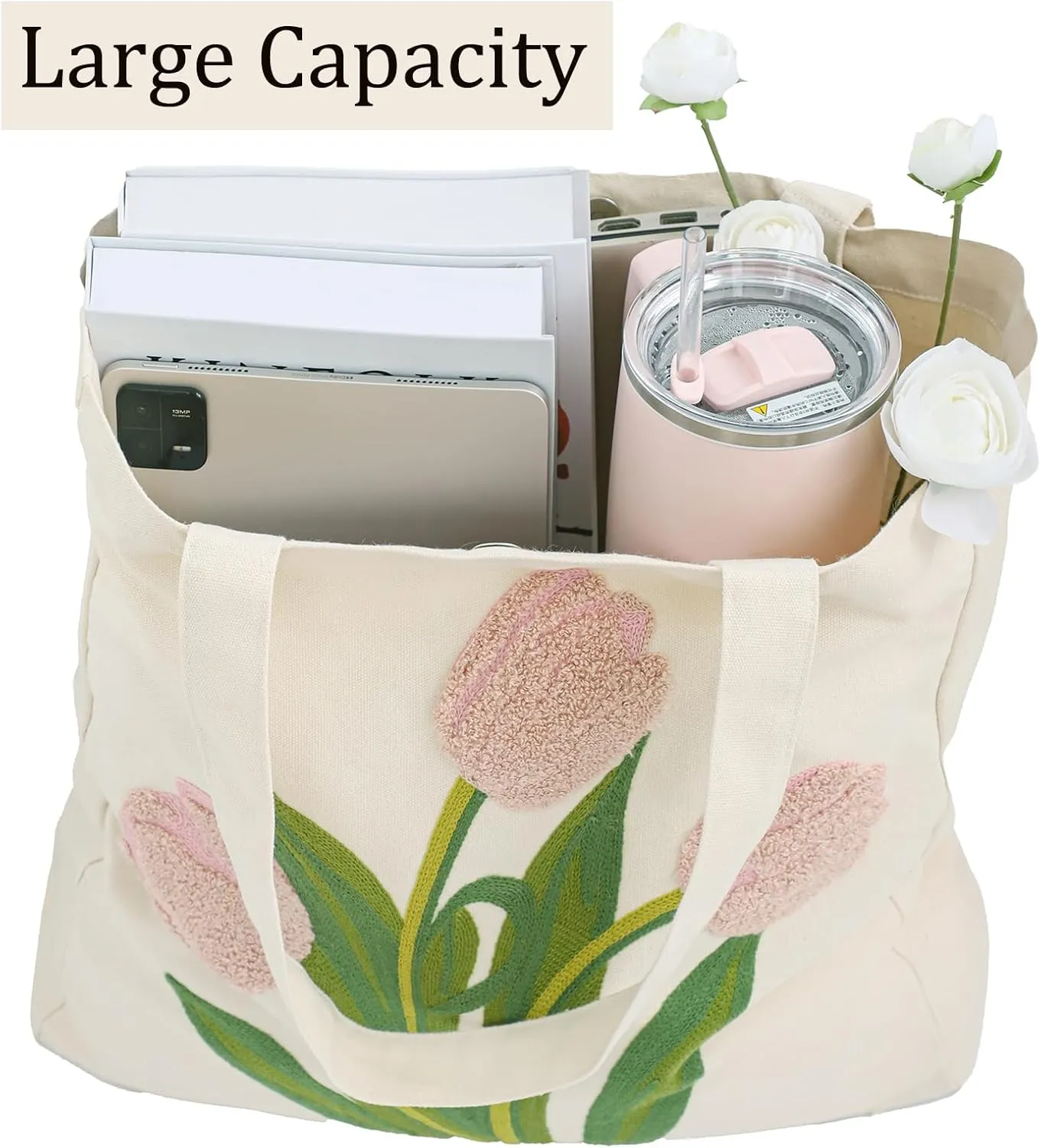 Embroidery Canvas Tote Bag for Women Reusable Cotton Shoulder Bag for Shopping Grocery Beach Book Gift Gym