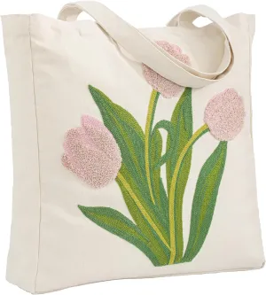 Embroidery Canvas Tote Bag for Women Reusable Cotton Shoulder Bag for Shopping Grocery Beach Book Gift Gym