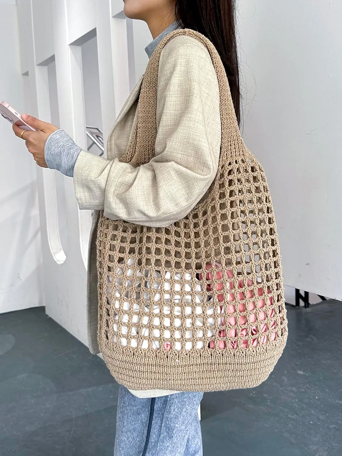 ENBEI Crochet Beach Bag - Women's Knit Shoulder Bags for Travel - Cute, Handmade Tote
