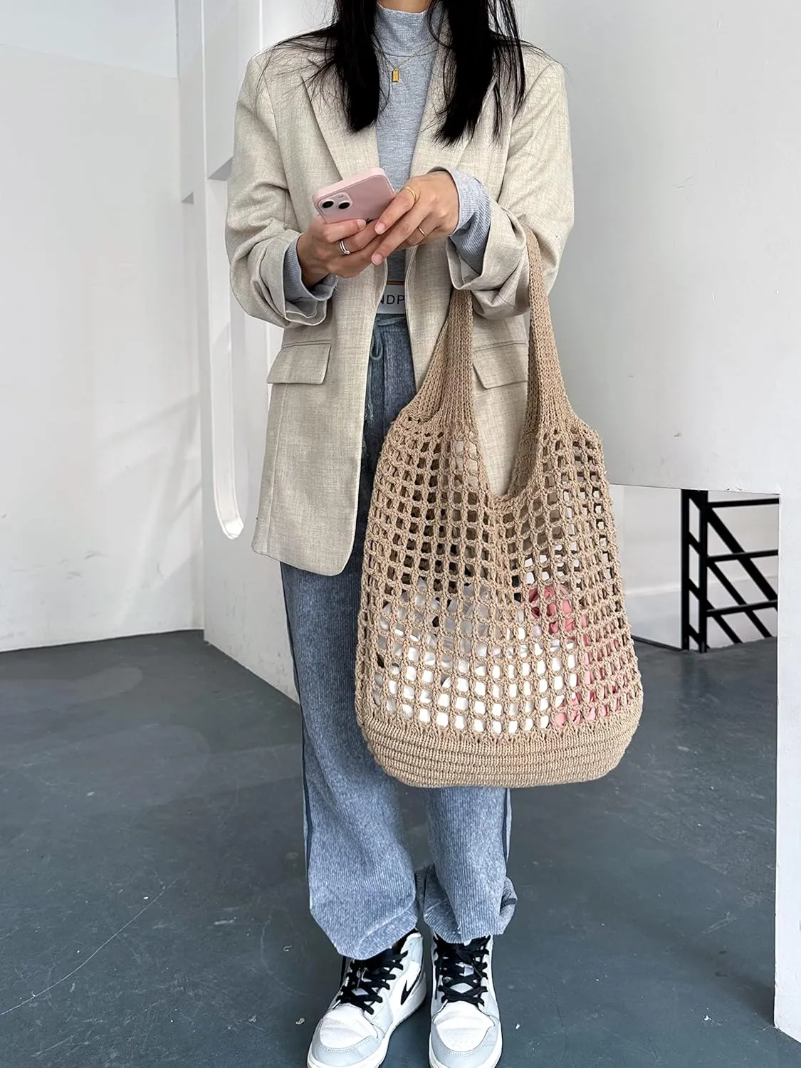 ENBEI Crochet Beach Bag - Women's Knit Shoulder Bags for Travel - Cute, Handmade Tote