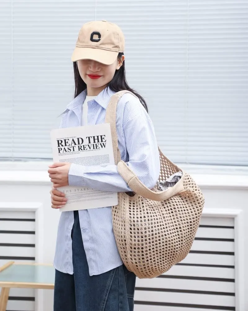 ENBEI Crochet Beach Bag - Women's Knit Shoulder Bags for Travel - Cute, Handmade Tote