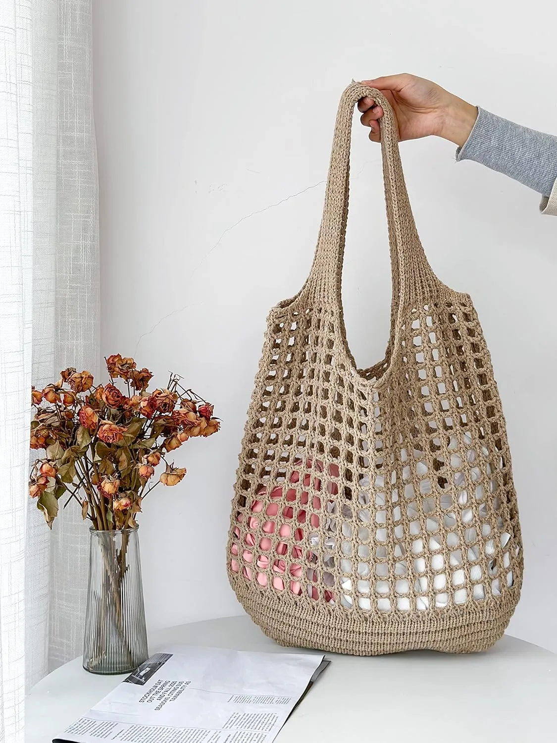 ENBEI Crochet Beach Bag - Women's Knit Shoulder Bags for Travel - Cute, Handmade Tote