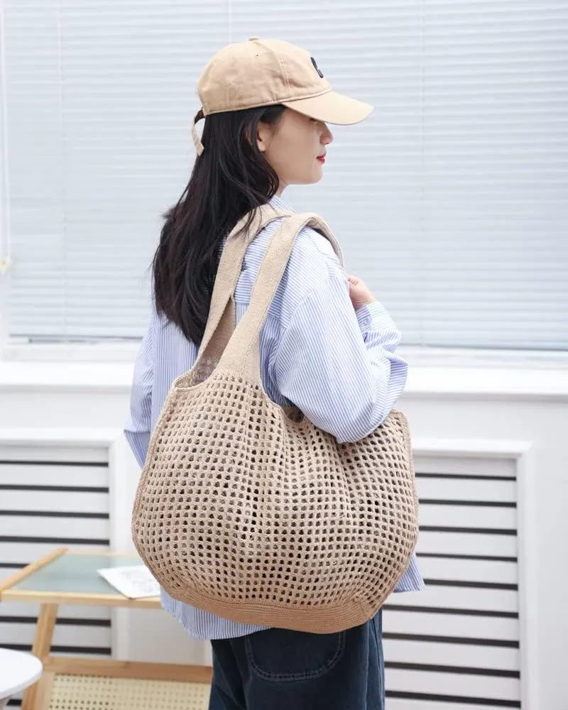 ENBEI Crochet Beach Bag - Women's Knit Shoulder Bags for Travel - Cute, Handmade Tote