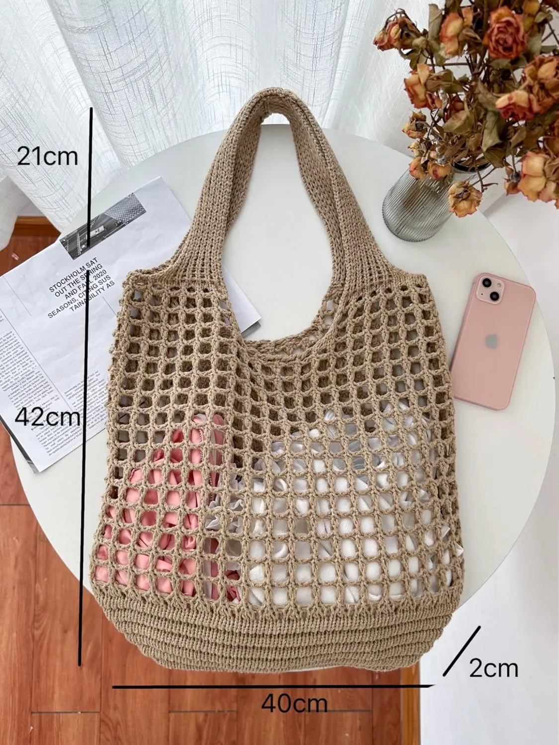 ENBEI Crochet Beach Bag - Women's Knit Shoulder Bags for Travel - Cute, Handmade Tote