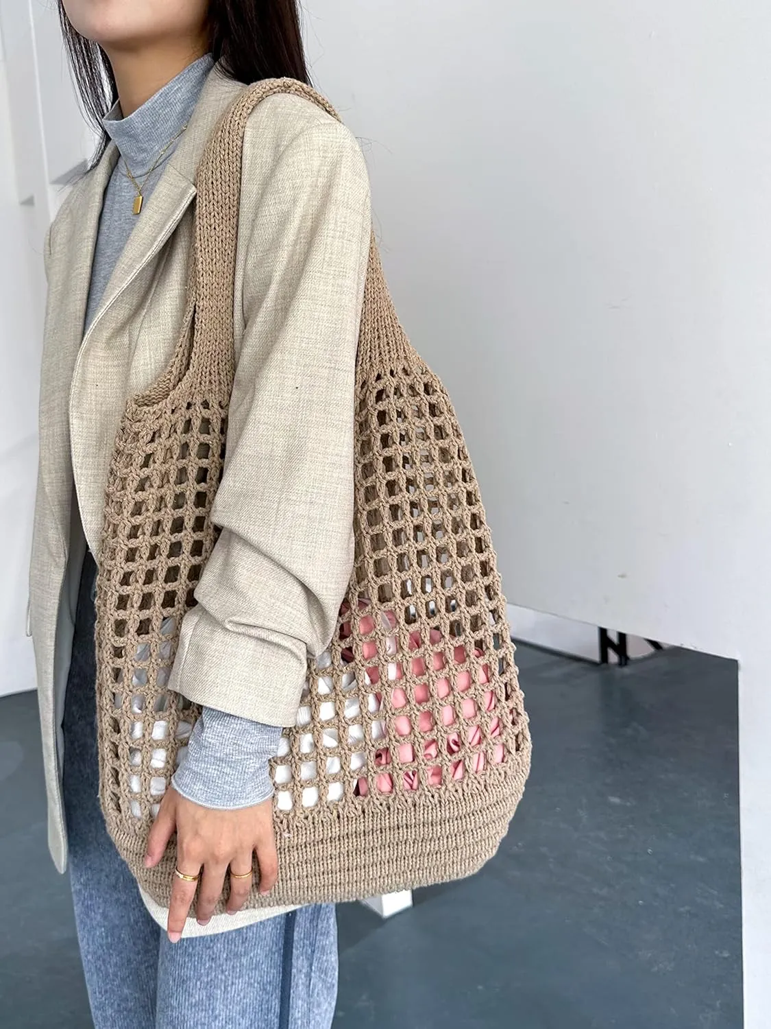 ENBEI Crochet Beach Bag - Women's Knit Shoulder Bags for Travel - Cute, Handmade Tote