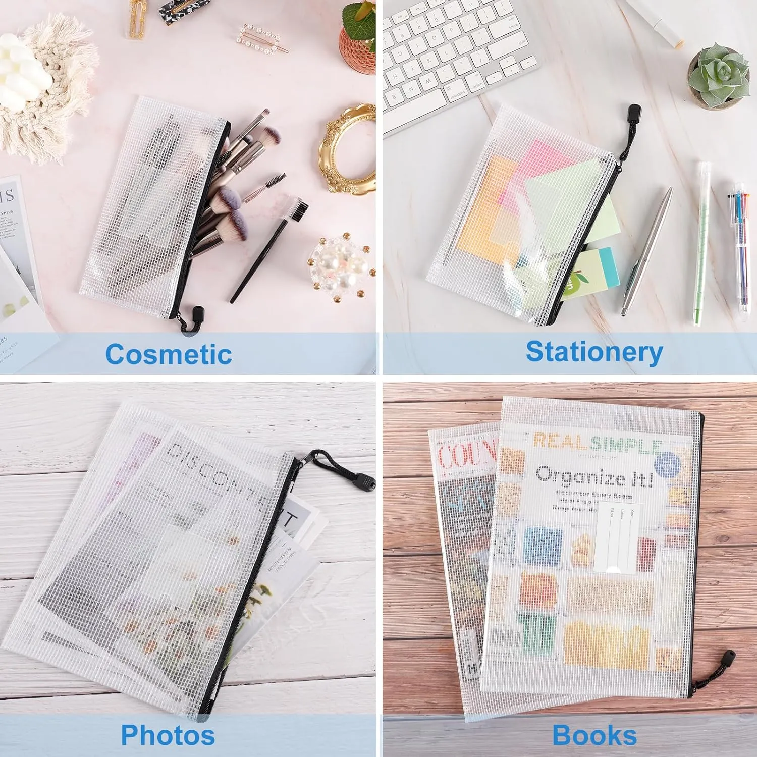 EOOUT 30pcs Mesh Zipper Pouch Bags, Waterproof, Plastic Zip File Document Folders, 8 Sizes Zipper Pouch for School Office Supplies Cosmetics and Board Game Storage