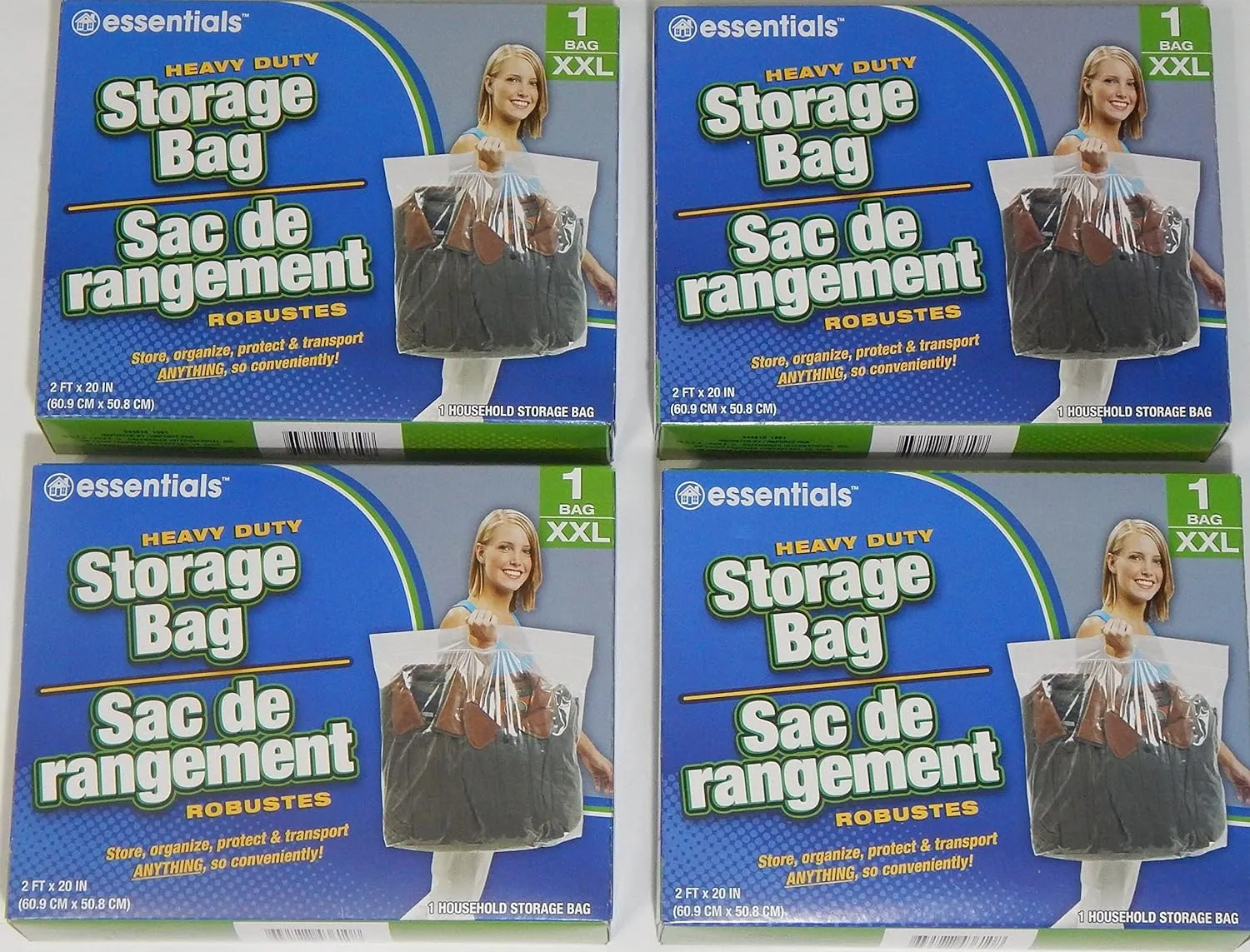 essentials(TM) Heavy Duty Clear Plastic Storage Bags w/ Zip-Lock & Carry Handle, 1-Count XX Large 24”x20”(Pack of 4)